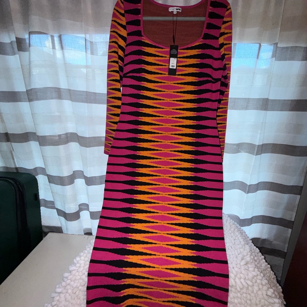 Fashion Nova Pink, Black & Yellow Geometric Long Sleeve Dress